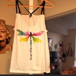 SHEIN White Tank Top with Multicolor Dragonfly Print